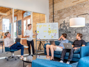 A startup team brainstorming PR
